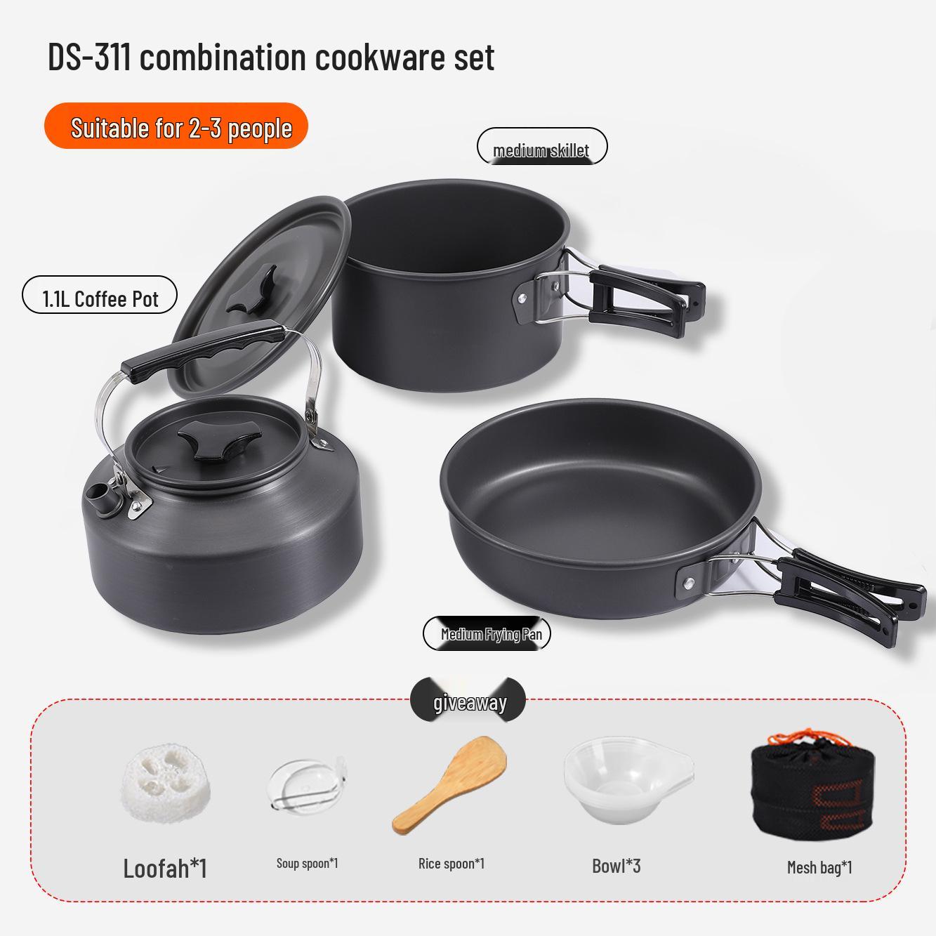 

Portable Non-Stick Cookware Set for 2-3 People – Teapot & Frying Pan for Camping and Picnics чёрный