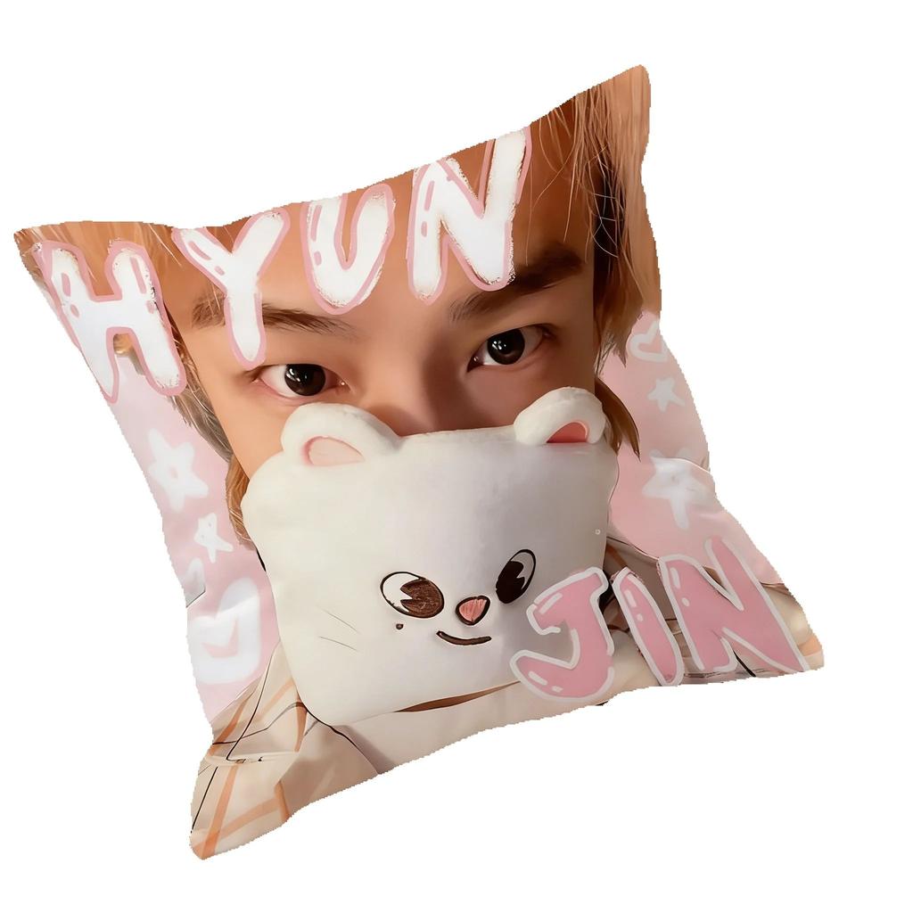 Hyunjin Graphic Pillow Cover Pink Pastel Star Heart Pattern Decorative Pillowcase For Sofa Bed Bedroom Fan Gift