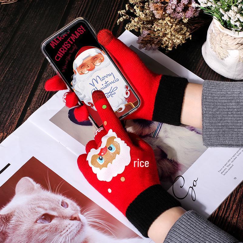 Women's Winter Touchscreen Knitted Cartoon Christmas Gloves – Warm and Thick Five-Finger Design