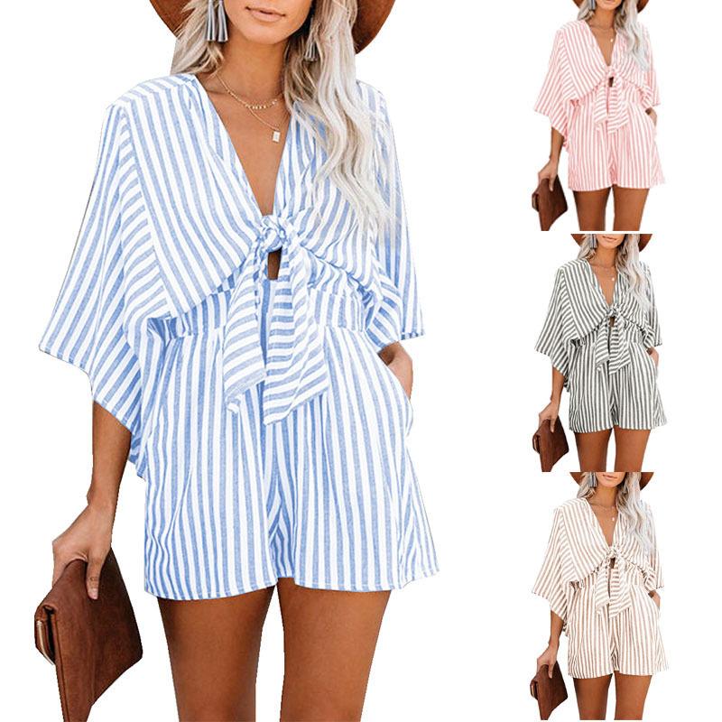 Summer Waist Slimming Striped Jumpsuit Women's Deep V Bell Sleeve Three-quarter Pants