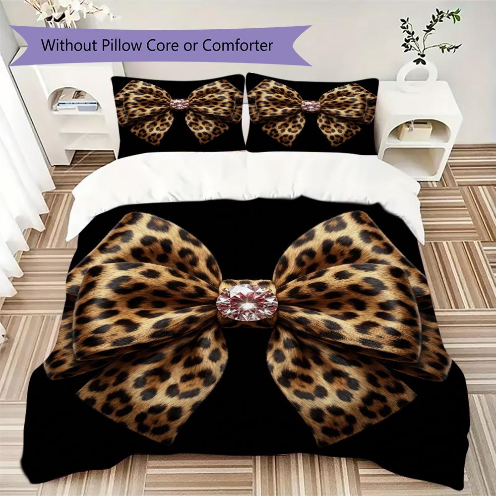 Leopard Print Bow Pattern Bedding uilt Set uilt Cover Pillowcase Home Decoration Birthday Gift (1 * duvet cover + 2 * pillowcase without core)16