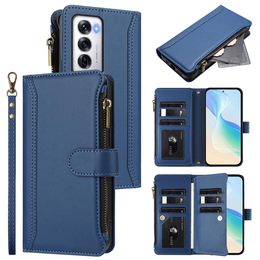 For Oppo Reno12 5G (Global) Leather Case 9 Card Slots Zipper Wallet Stand Phone Cover with Wrist Strap