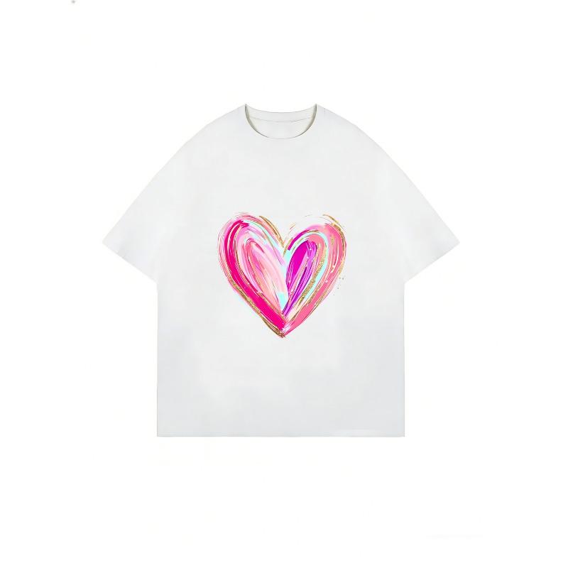 White T-Shirt With Pink Heart Print For Casual Wear