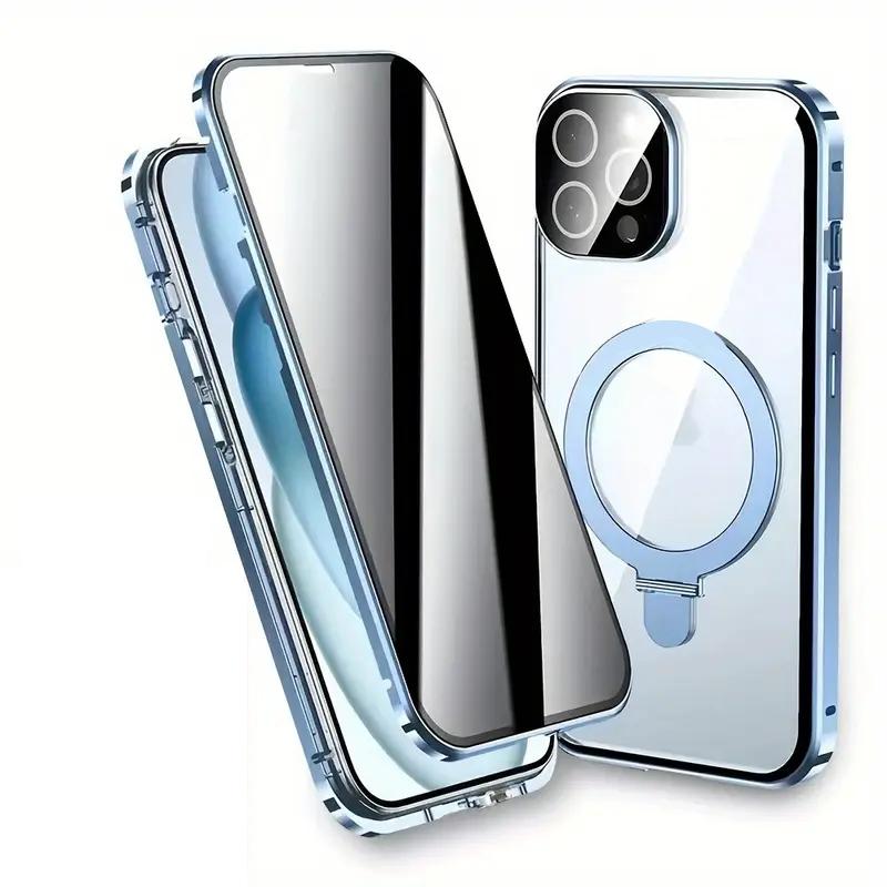 

Magnetic Tempered Glass Metal Clear Case For iPhone 17 16 15 14 13 11 Pro MAX 7 8 Cover With Camera Lens Protector Phone Holder iPhone 8 синій