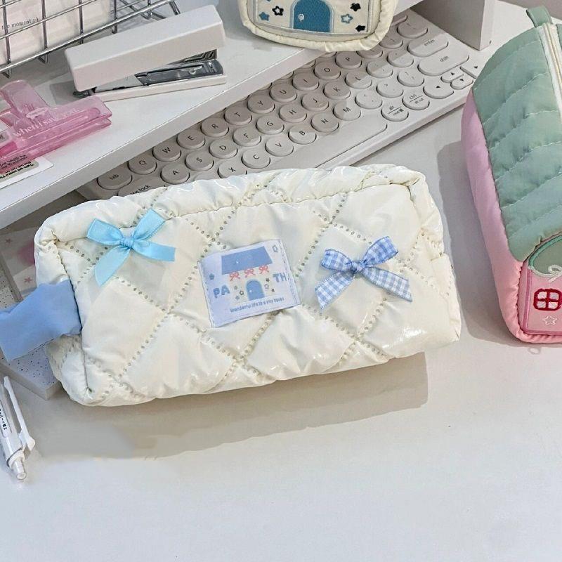 Blue Bow Zipper Pen Storage Bag Women'S Large Capacity Stationery Storage Pencil Case Student Office School Supplies