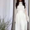 Women's Mock Neck Long Sleeve Maxi Dress Slim Fit High Waist Elegant Pleated Satin Formal Evening Midi Dress