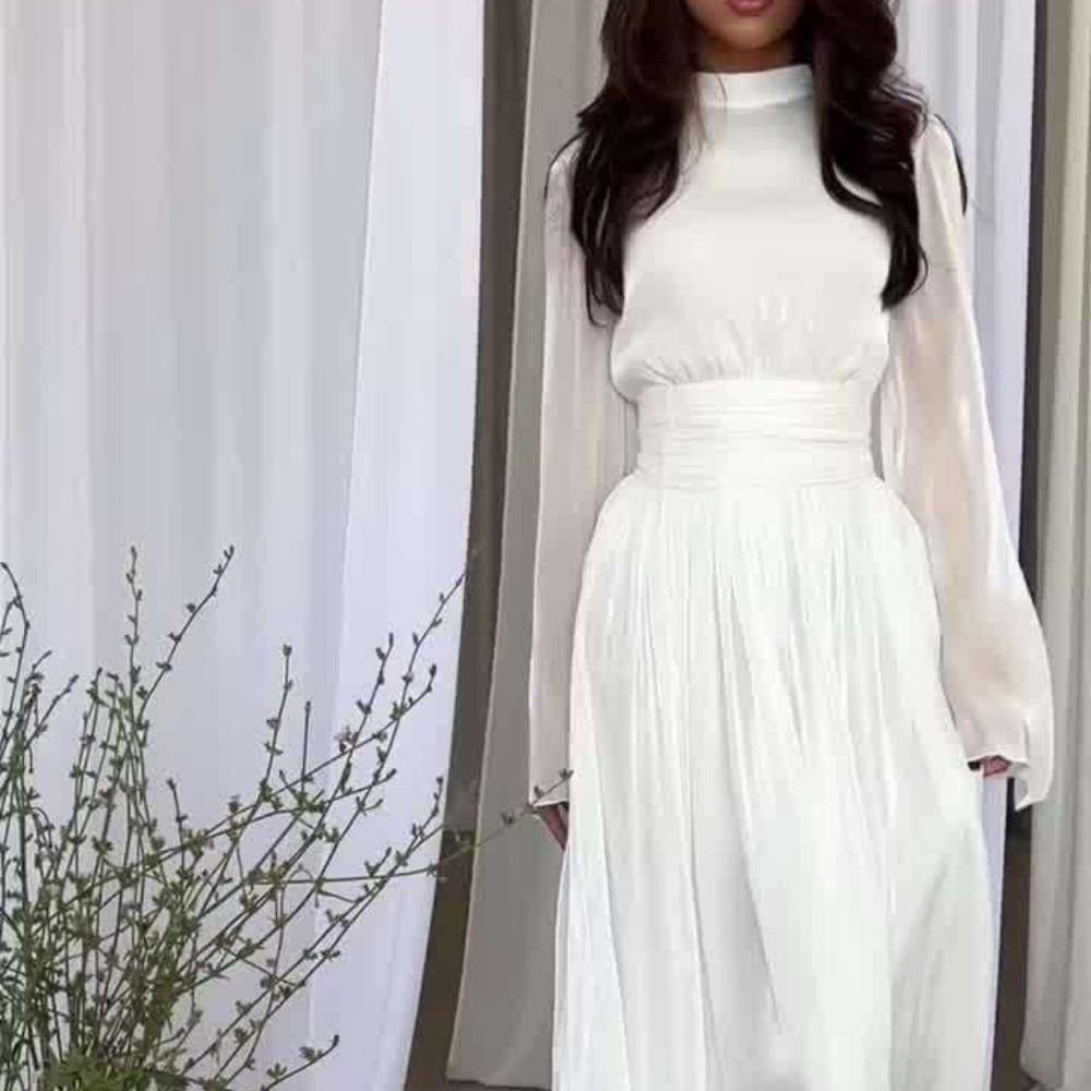 Women's Mock Neck Long Sleeve Maxi Dress Slim Fit High Waist Elegant Pleated Satin Formal Evening Midi Dress