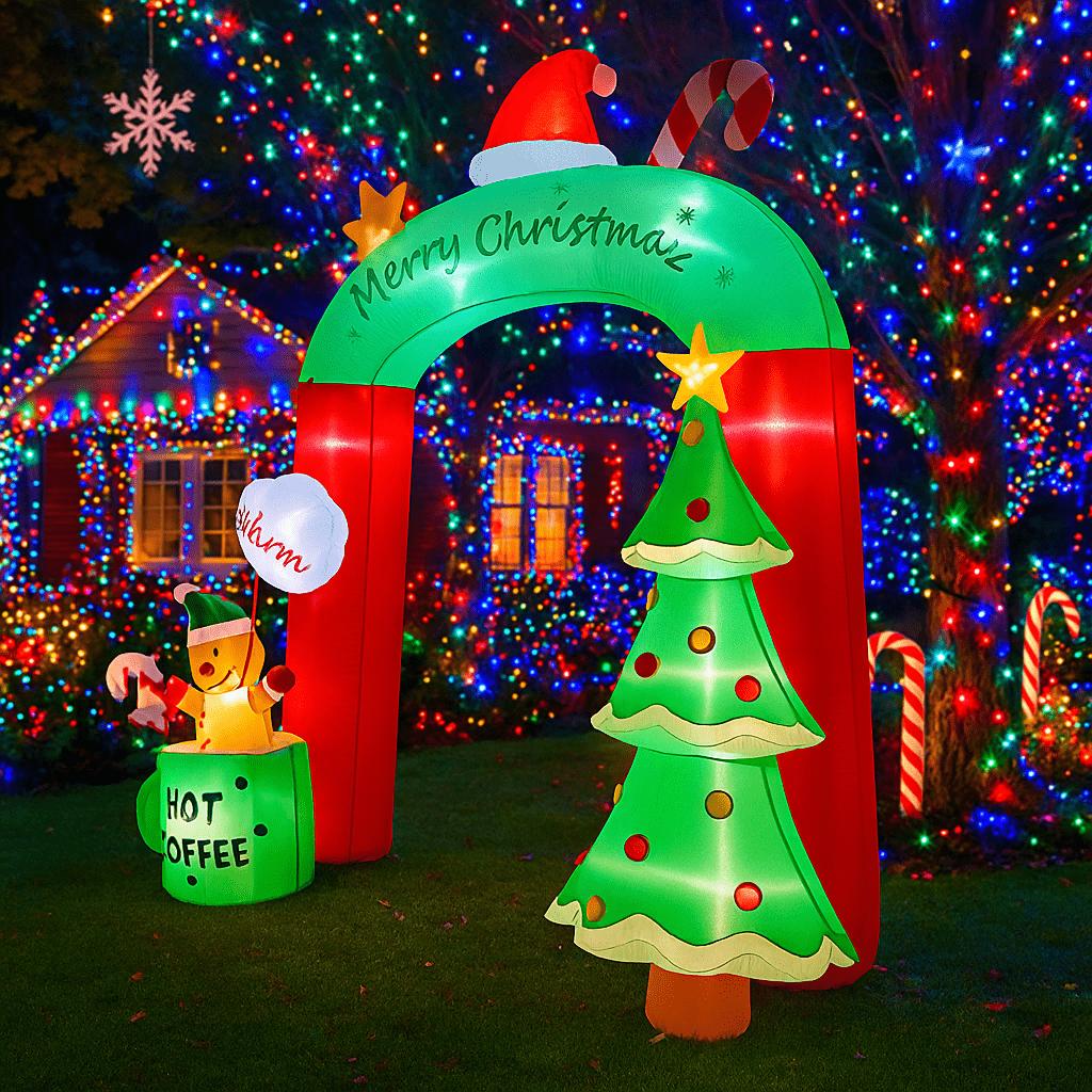 8.8FT/2.7M Inflatable Christmas Arch with Gingerbread Man Hot Coffee and Welcome, Glowing Outdoor Yard Decor