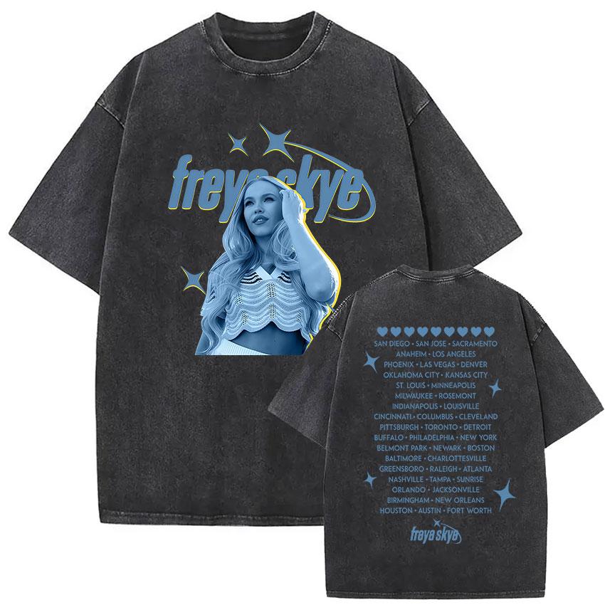 T-shirt Grafica Vintage Lavata Freya Skye Stars Align Tour Uomo Donna Estate Alta Qualità Moda Oversize Cotone