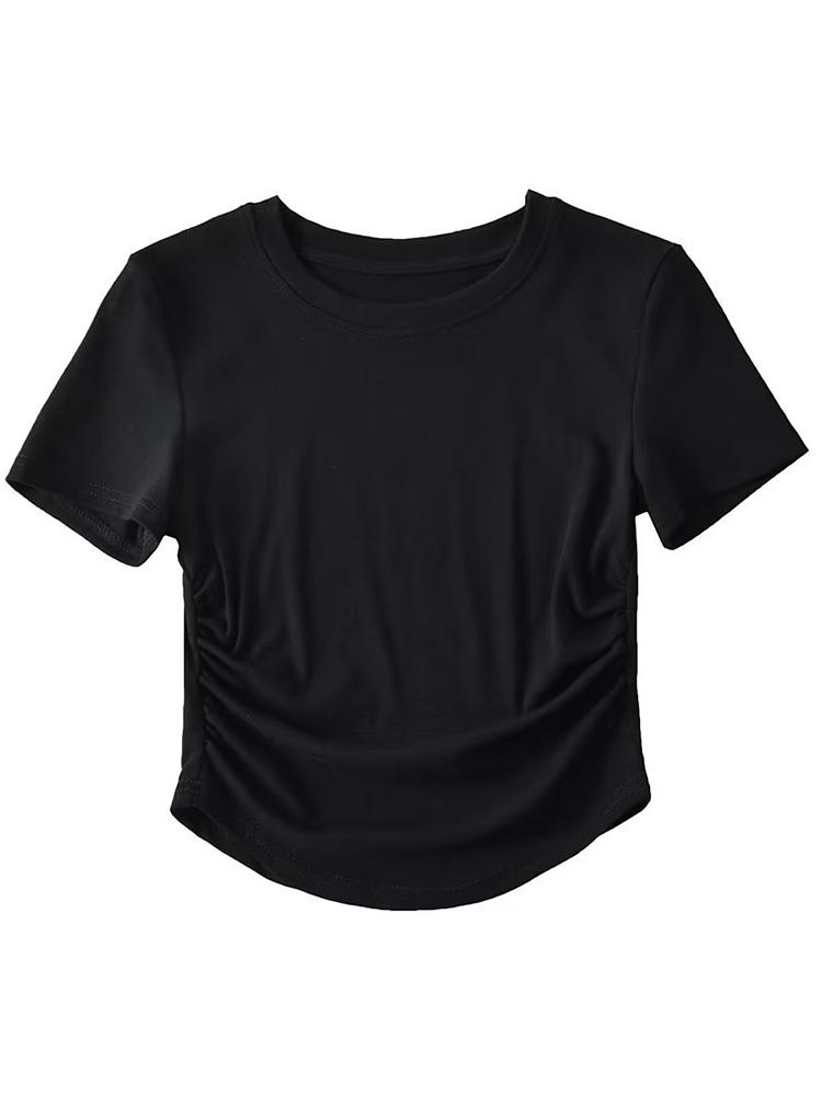 

2024 Новая хлопковая футболка с круглым вырезом, короткими рукавами и плиссированной деталью с обеих сторон L чёрный