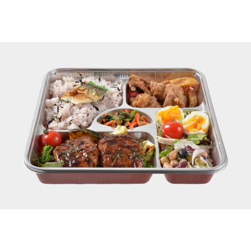 Fukusuke Mokko Food Packs with Dividers, 3-Pack, Silver and Vermilion, 27cm x 27cm x 4cm, Made in Japan, Commercial Use, Takeout Containers, Disposabl