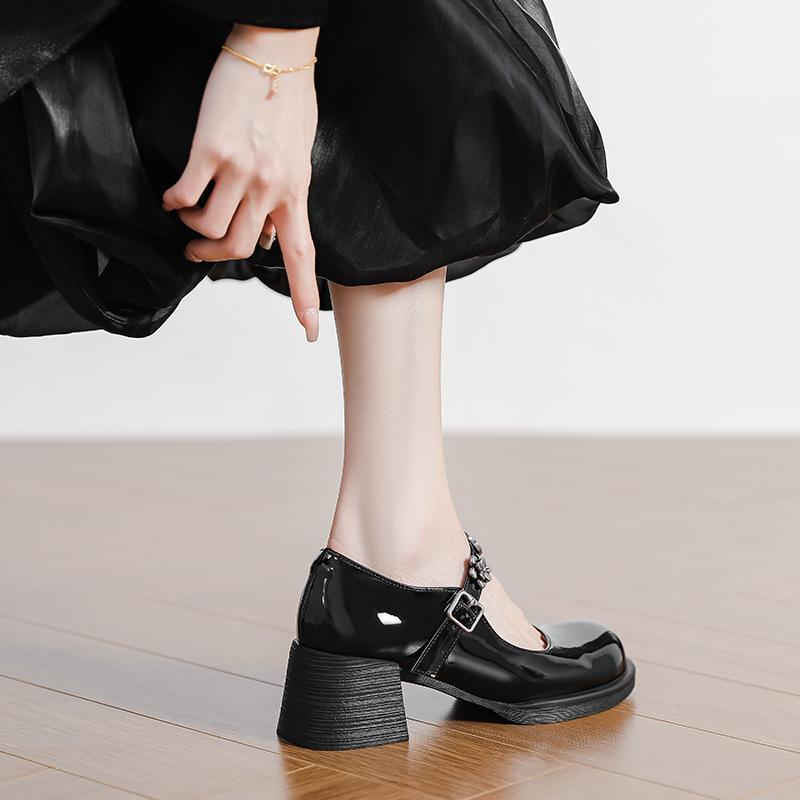 High-heeled Mary Jane women's shoes spring and autumn retro word with flower buckle ornament round head thick heel single shoes women's shallow m
