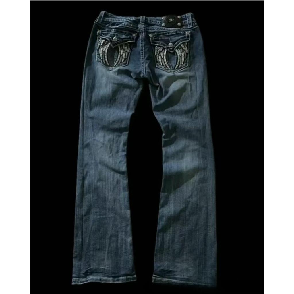 RogueWave American Vintage Y2K Rhinestone Wing Embroidered Jeans Womens Blue Low Rise Flared Denim Pants with Studded Pockets Streetwear
