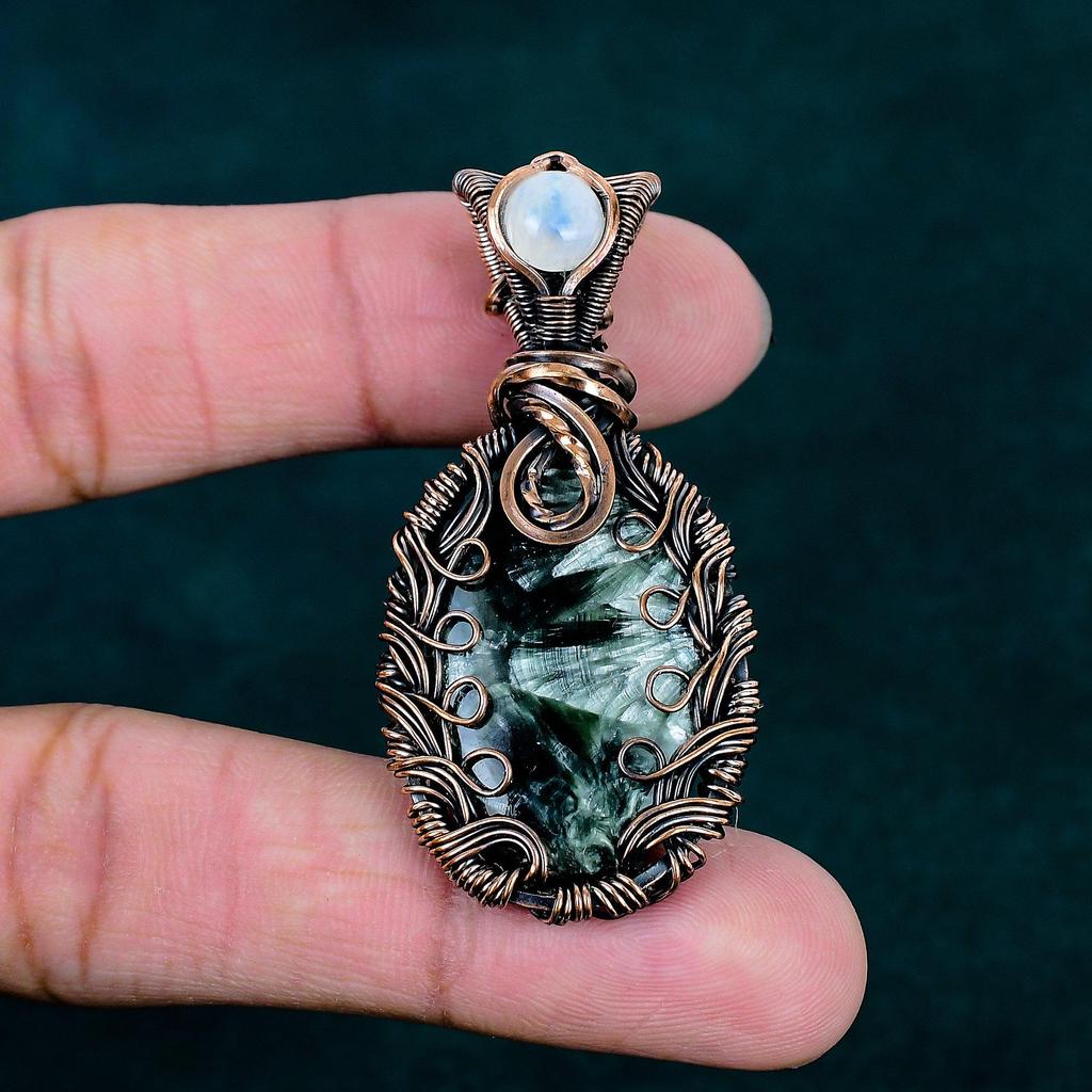 Seraphinite Copper Pendant Real Gemstone Jewelry Copper Wire Wrapped Jewelry Rainbow Moonstone Pendant Handmade Oval Pendant Gift for Him