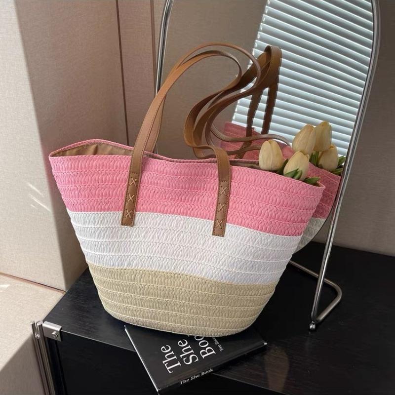 New contrasting color shoulder straw bag handwoven bag women's large-capacity tote bag women's seaside vacation beach bag