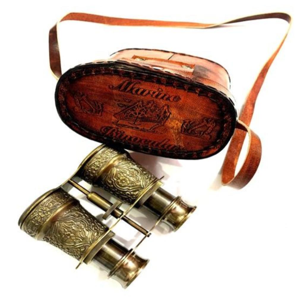 Handmade Brass Nautical Binoculars – 10.16 Cm Opera Glasses with Leather Box –