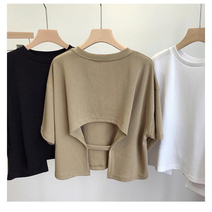 

Women s Spicy Girl Style Backless Milk Silk Tee - Korean Summer Loose Round Neck Short Sleeve Top Extra Large хаки