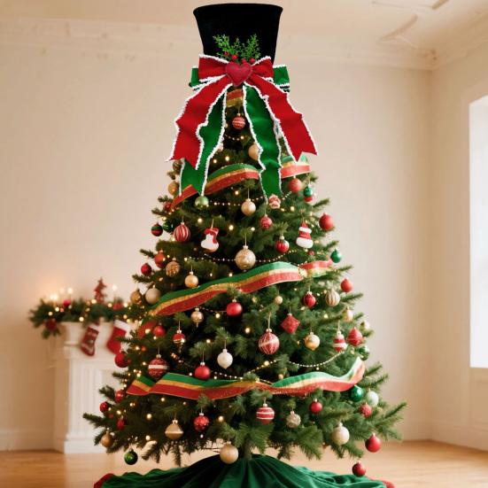 Christmas Tree Topper Whimsical Bow Hat Decoration Check Bows Xmas Ornament Winter Holidays Home Decor Fits Most Trees Festive Gift