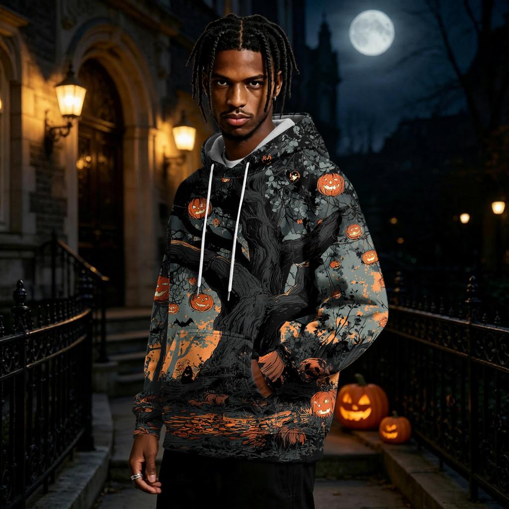 Męska bluza z kapturem z nadrukiem na Halloween, bluza z długim rękawem