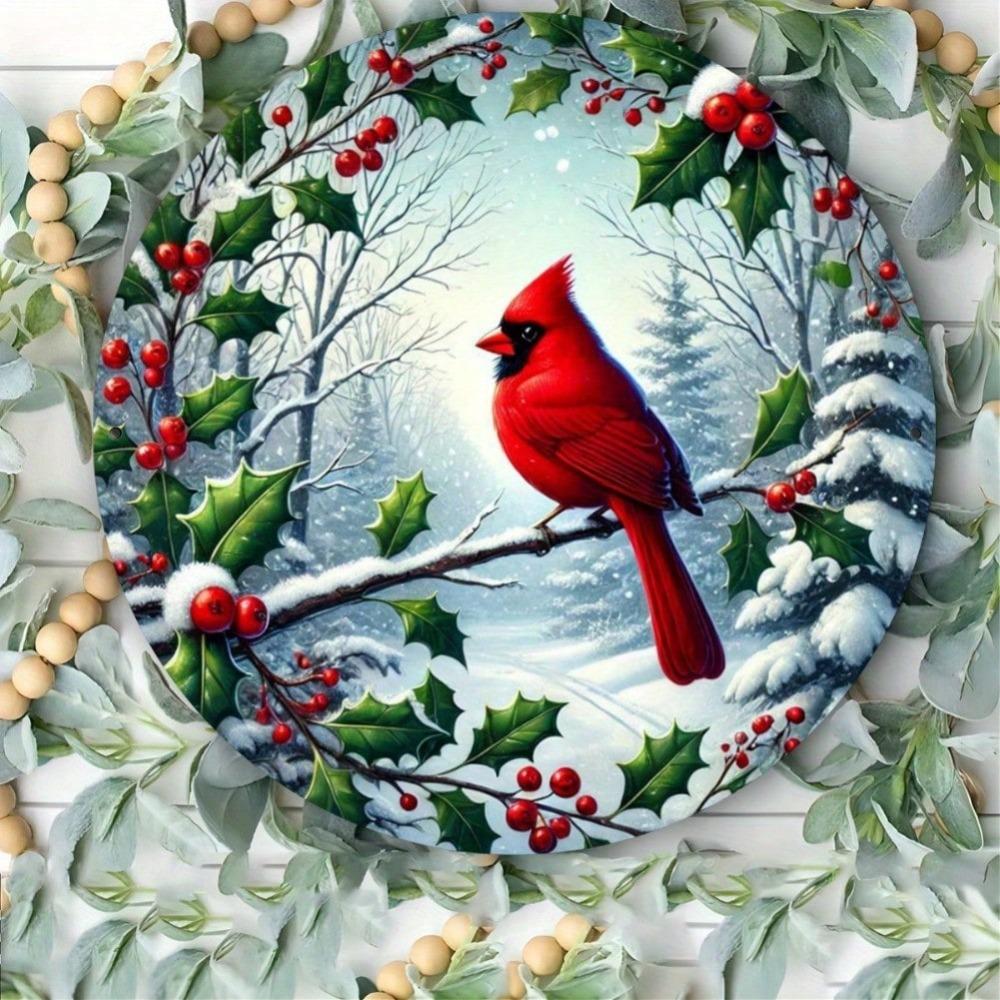 1PC Cardinal and Holly Berry Round Wreath Wall Art Decor Hanging Iron Metal Painting for Christmas Gift Home Garden Porch Bar Cafe Office