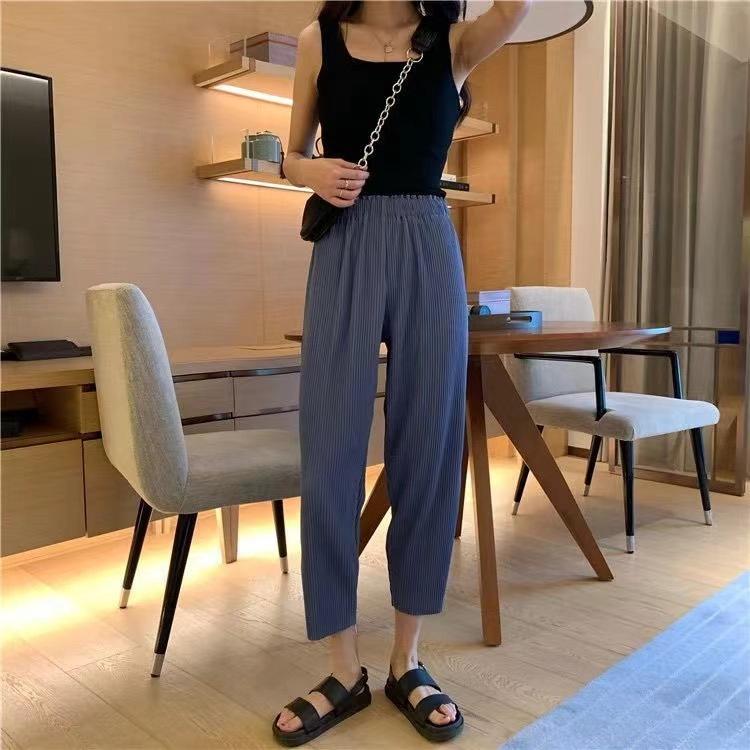 Plus Size Women's Summer Korean Pleated Wide-Leg Pants - Loose Casual Straight Nine-Point Trousers