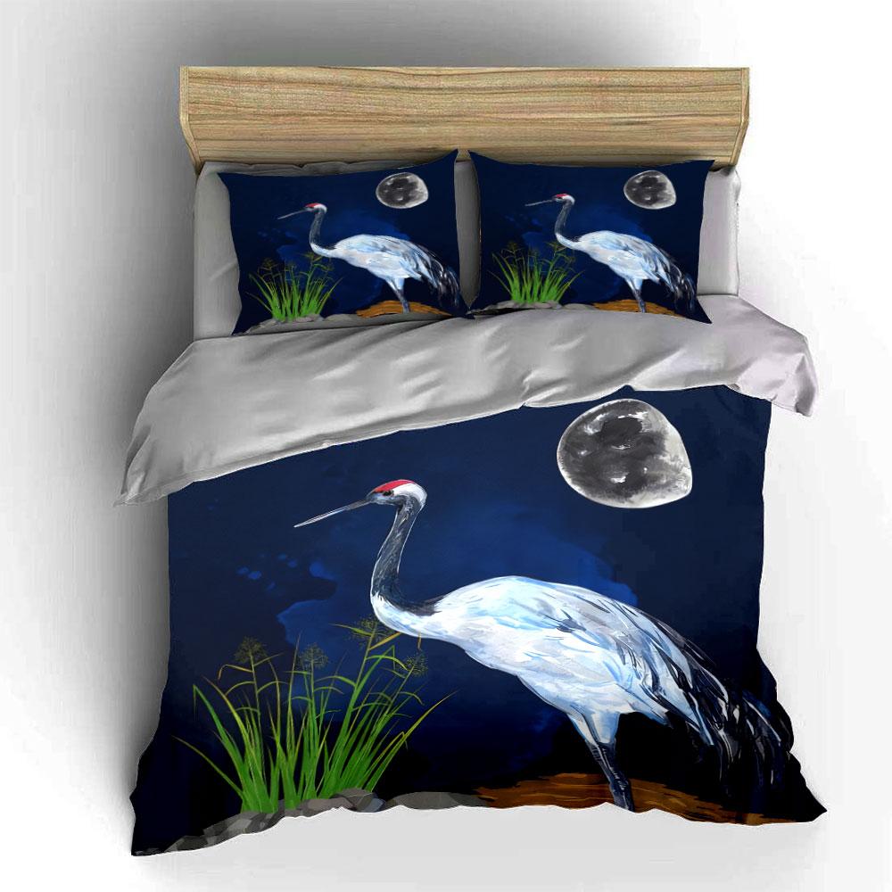 3Pcs Japanese Red-Crowned Crane Bedding Set, Watercolor Crane Under Moon Print Duvet Cover + 2 Pillowcases,Exquisite Gifts