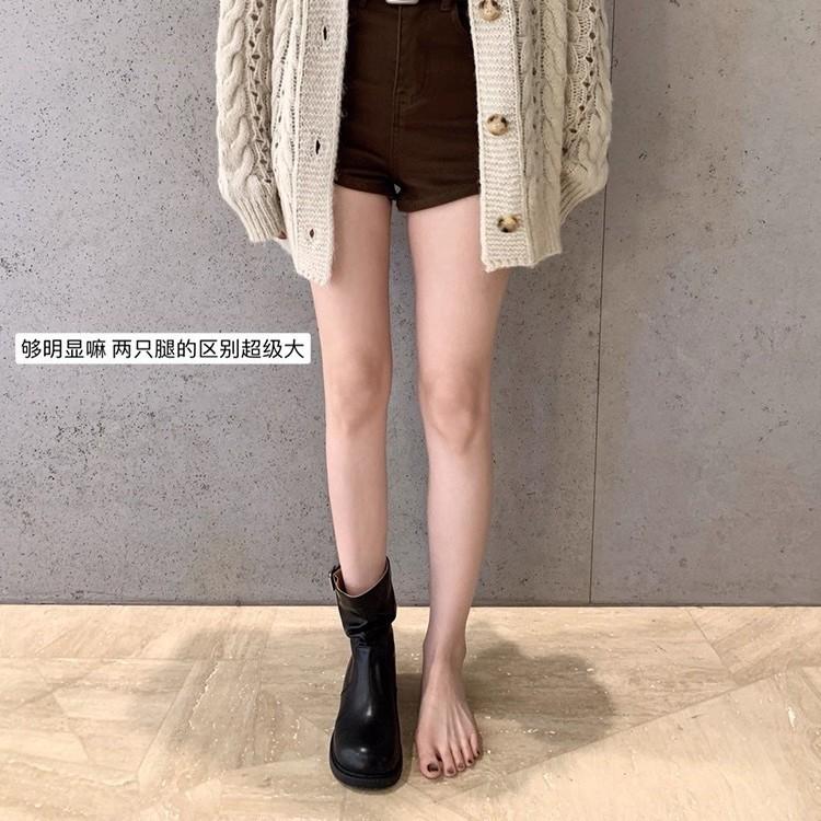 Cowhide~ Grape Mom Korean Pleated Buckle Belt Thick Heel Stack Knight Boots Medium Tube Thin Long Boots Genuine Leather Women's Short Boots