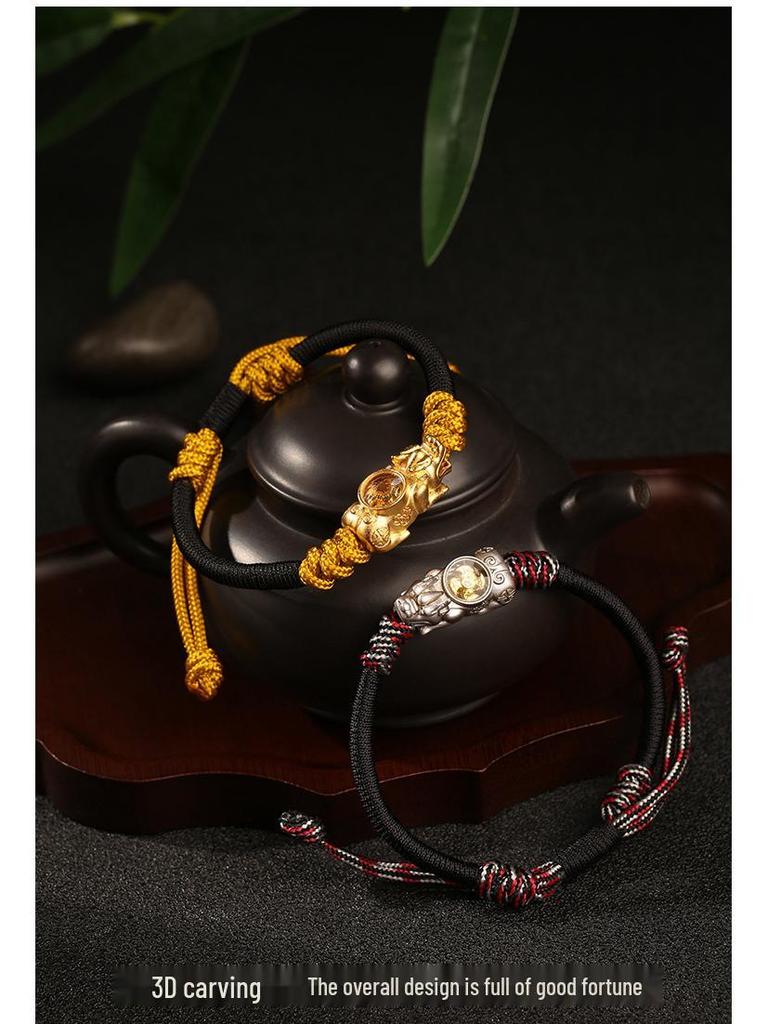 Dragon Knot Gold-Plated Silver Pixiu Bracelet - Handmade Woven Copper, Couple Style, Thai Sand Gold Design for Luck and Fortune.