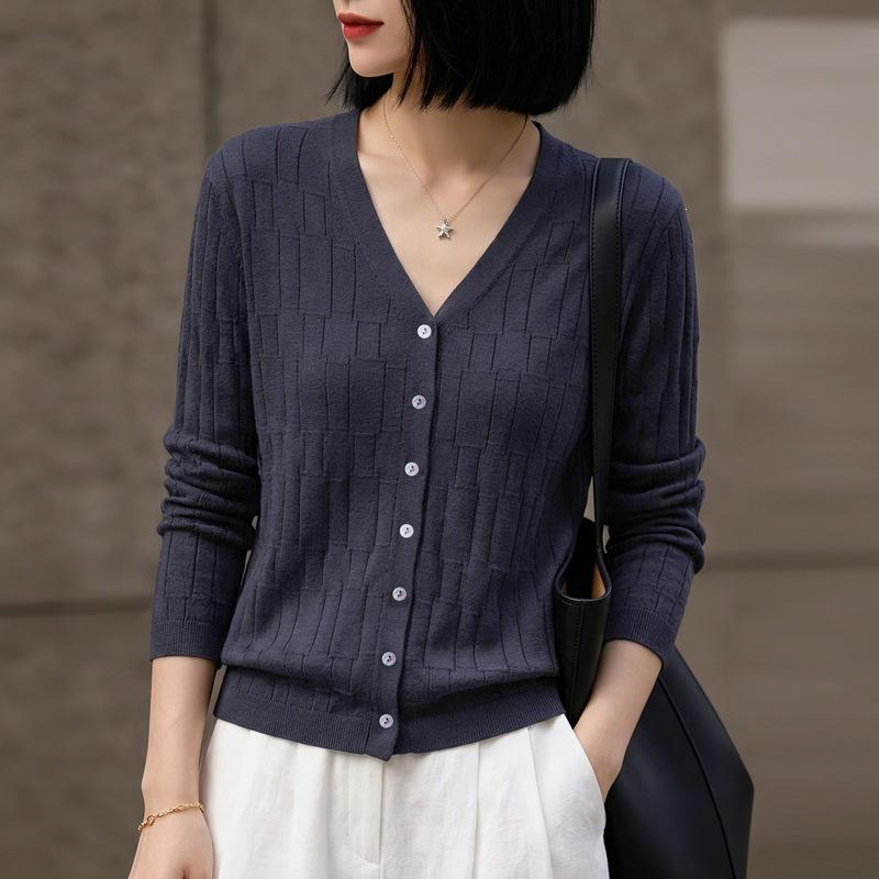 Korean Style Bamboo Texture V-neck Cardigan - Women's Versatile Long Sleeve Casual Jacket