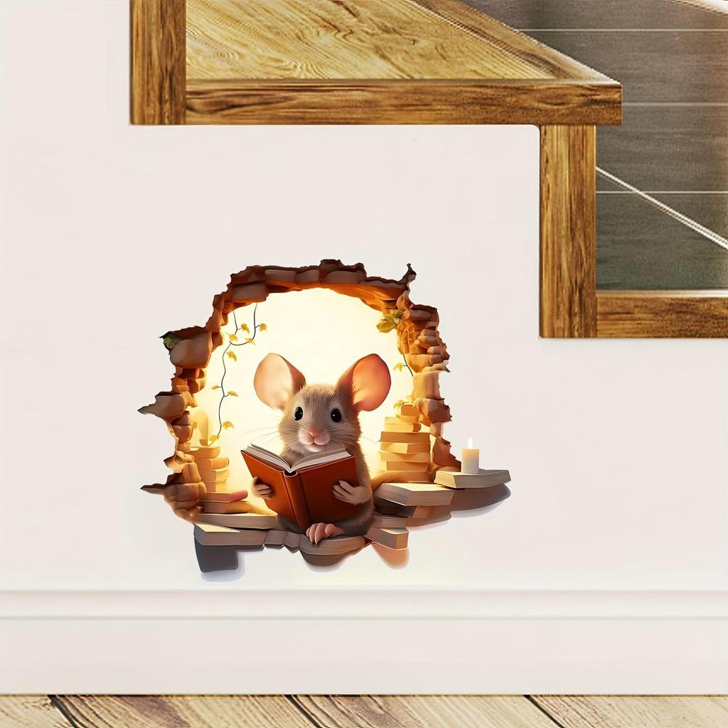 3D Realistischer Wandaufkleber „Lesebuch mit Maus“ – Abnehmbare Vinyl-Kunst für Wohnzimmer, Kinderzimmer, Schlafzimmer – Mattes Finish, selbstklebende Wohndekoration