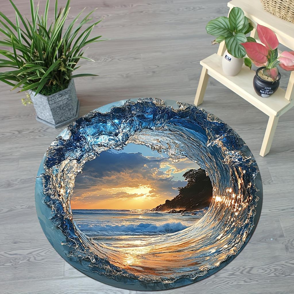 Ocean Wave Sunset Round Rug Flannel Printed Carpet Beach Theme Home Decor Cozy Soft Floor Mat Living Room Indoor Use