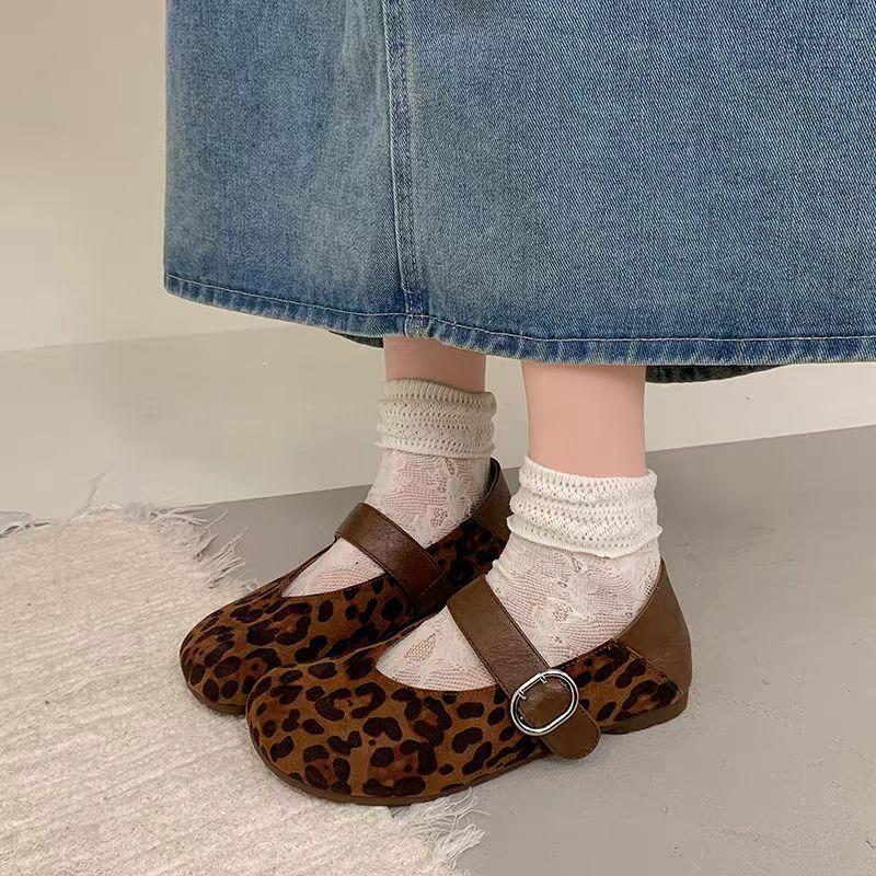 Herbst Retro vielseitige Leopardenmuster Mary Jane Schuhe Damen flacher Boden bequem ein Pedal zwei Tragearten leichte Mund Einzel Schuhe