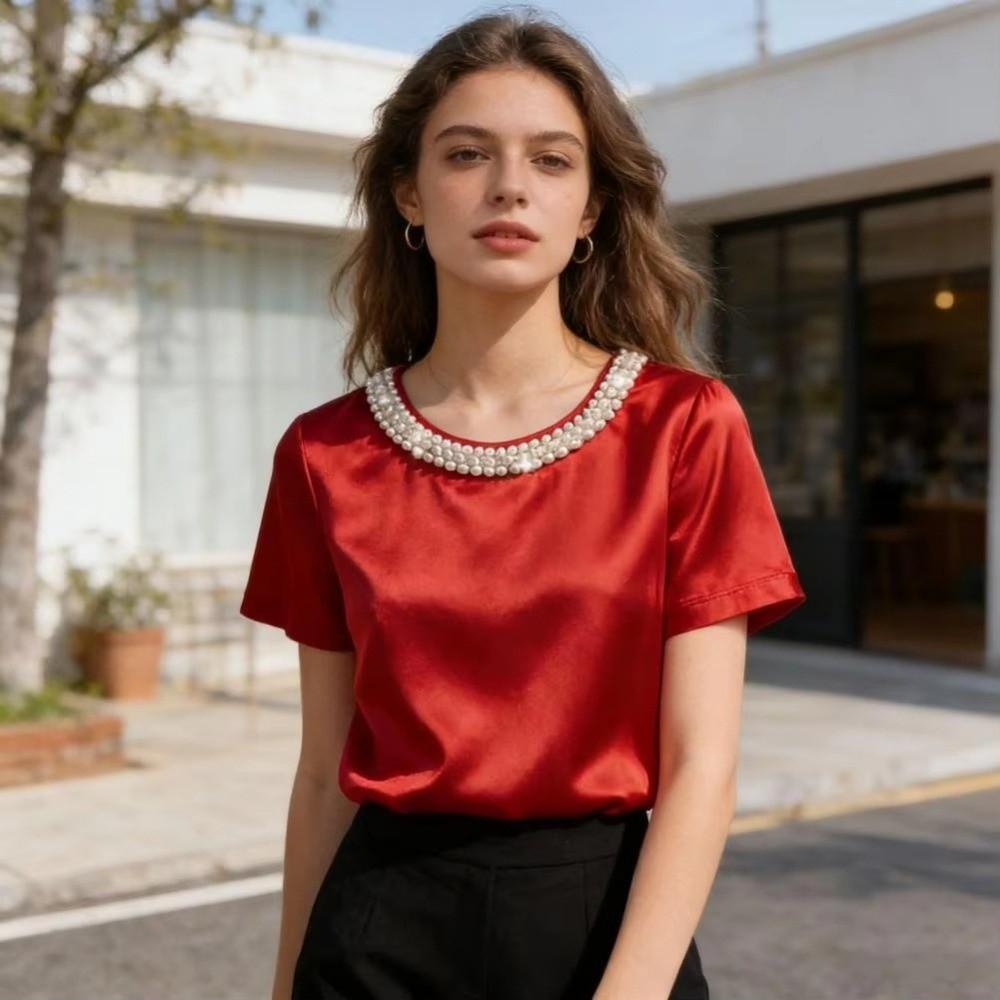 French Style Satin Silk T-Shirt Loose Short Sleeve Top Business Casual Women's Tops  Ladies
