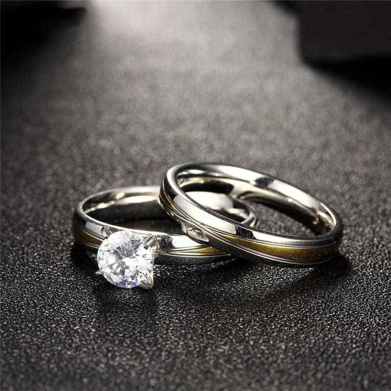 Fashion Stainless Steel Couple Rings For Men Women Inlay White Rhinestones CZ Promise Rings Wedding Jewelry Valentine's Day Gift