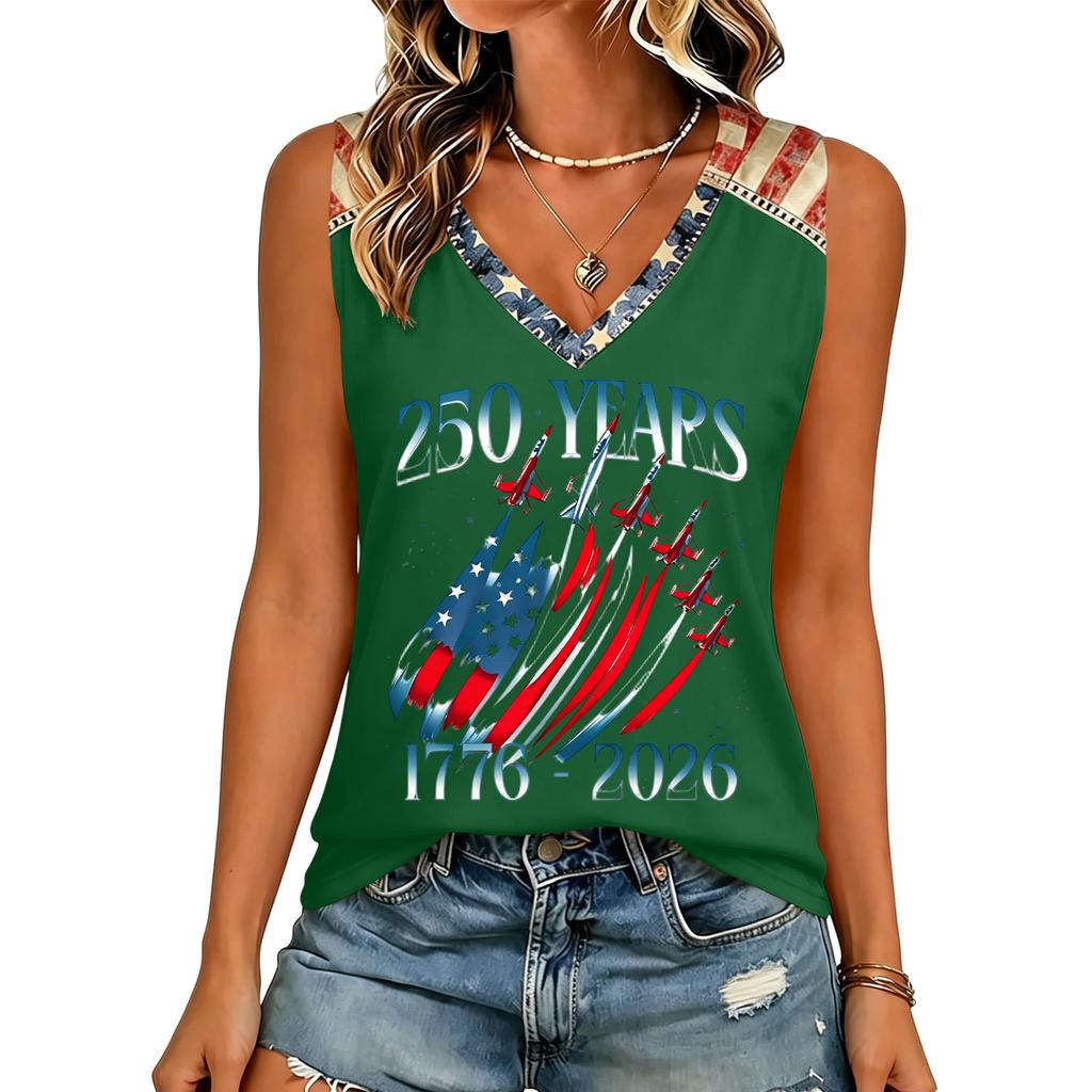 Womens V Neck Casual Short Sleeve Top with 250 Years 1776 2026 Letter Print Loose Fit Lightweight T Shirt for Summer Daily Wear