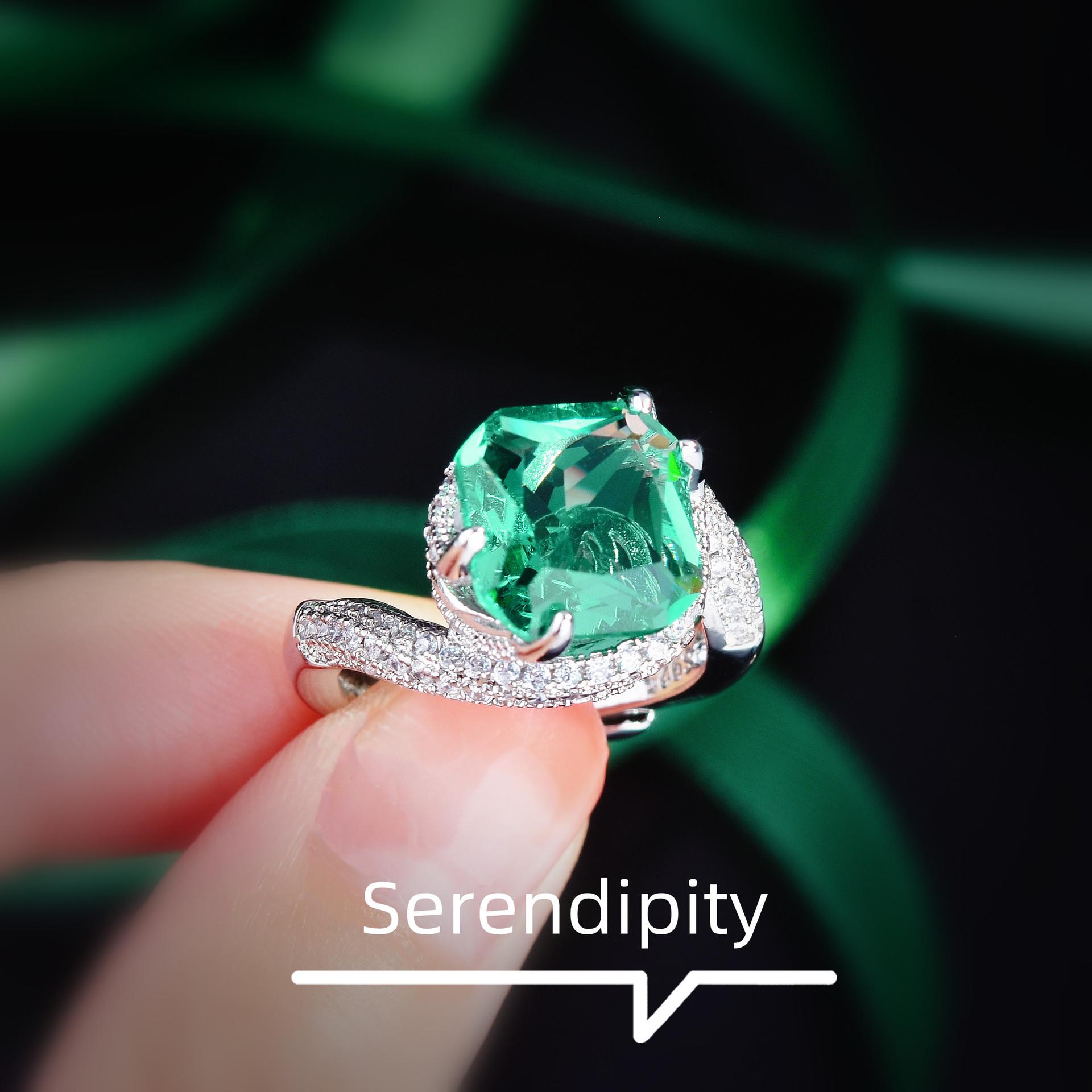 Кольцо-трансформер с имитацией турмалина Параиба, Открытое кольцо с цветным бриллиантом цвета озерной зелени adjustable opening