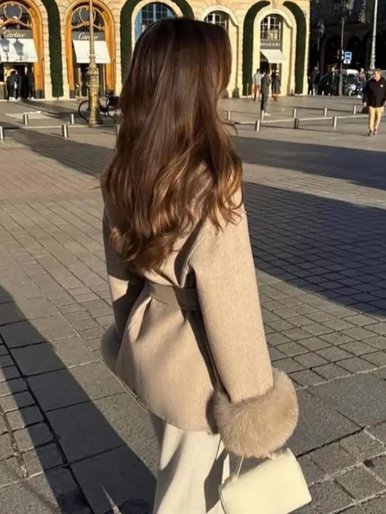 2025 A/W Women's French Tweed Short Coat with Fur Cuffs, V-neck, and Tie-waist - Solid Color.