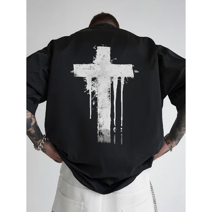 Men s Oversized Black Distressed White Cross Back Print T-Shirt - 100% Breathable Short Sleeve Vintage Tee with Back Print, Loose Fit Casual Shirt S