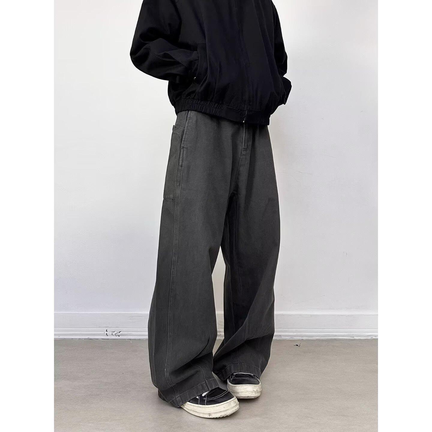 Unisex Retro Pleated Denim Jeans: Vintage Hong Kong Style Versatile Workwear Pants 2XL