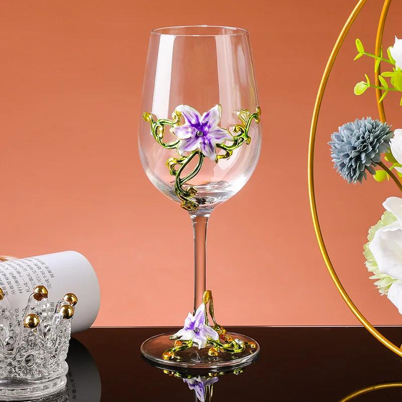 Luxury Crystal Enamel Goblet Glasses Vintage 3D Floral Decor Wine Glass Champagne Cup for Wedding Party Home Bar Home Party Gift