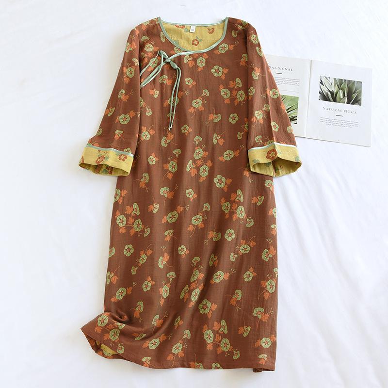 Updated Spring/Summer Womens Updated Chinese Skirt 100 Cotton Yarn Weaving Jacquard Summer Sleeping Skirt Thin Home Dress Ladies M