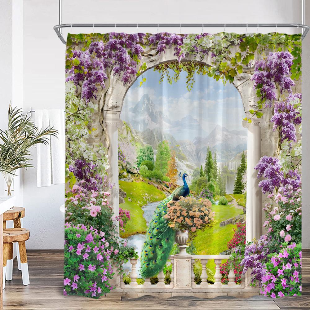 Garden Shower Curtain Arch Door Fence Vines Flowers European Garden Bathroom Decorations Landscape Bath Curtain With Hooks