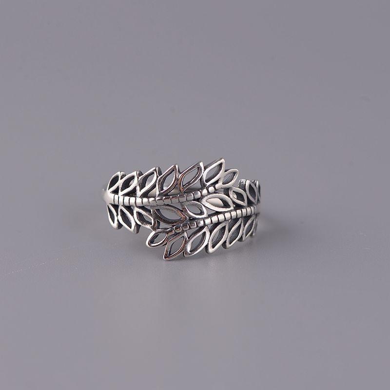 Adjustable Open Ring Women Men Sterling Leaf Motif Vintage Boho Jewelry