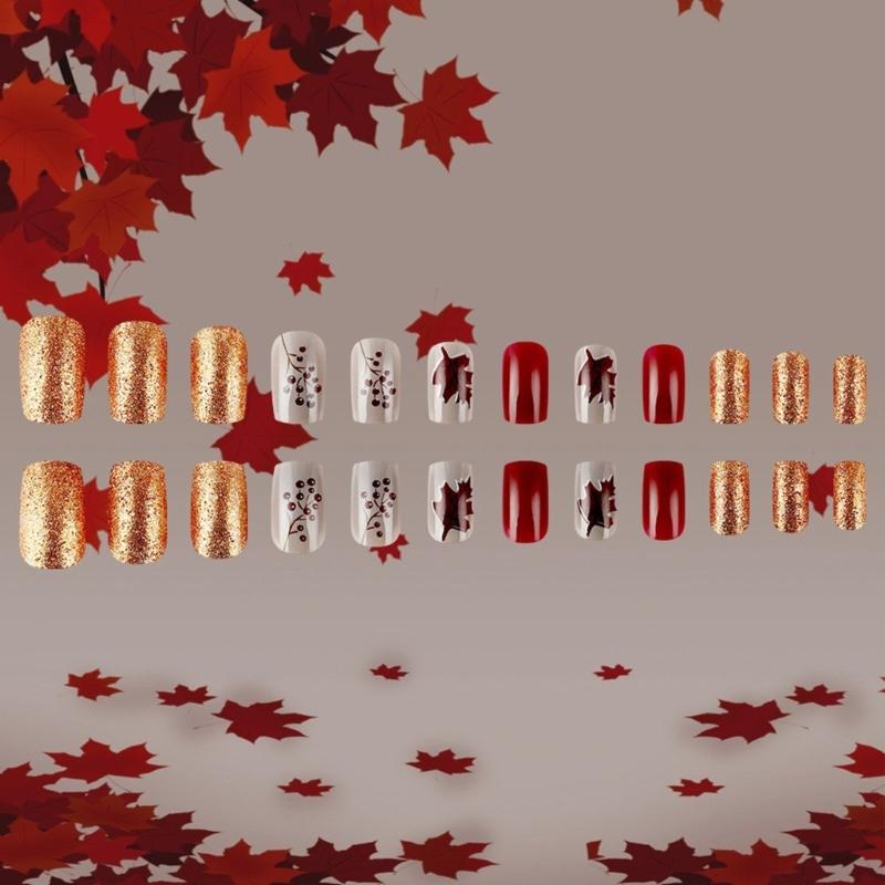 24x/Box Thanksgiving Nails Full Cover Stick on Nails Fall Press On Nails Artificial Nails Short Maple Leaves False Nails
