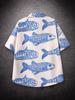 Übergroßes, lockeres Vintage-Kurzarmhemd mit Karpfen-Vollfisch-Print für Herren, lockeres Sommerhemd, trendiges Streetwear-Oberteil für Männer