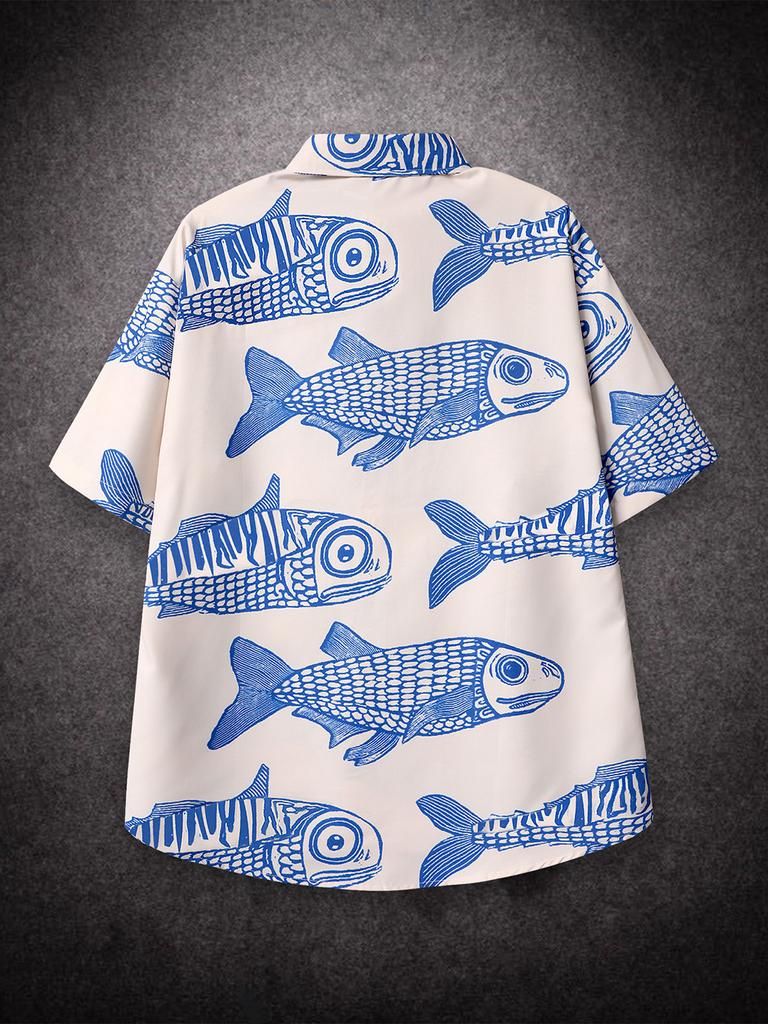 Übergroßes, lockeres Vintage-Kurzarmhemd mit Karpfen-Vollfisch-Print für Herren, lockeres Sommerhemd, trendiges Streetwear-Oberteil für Männer