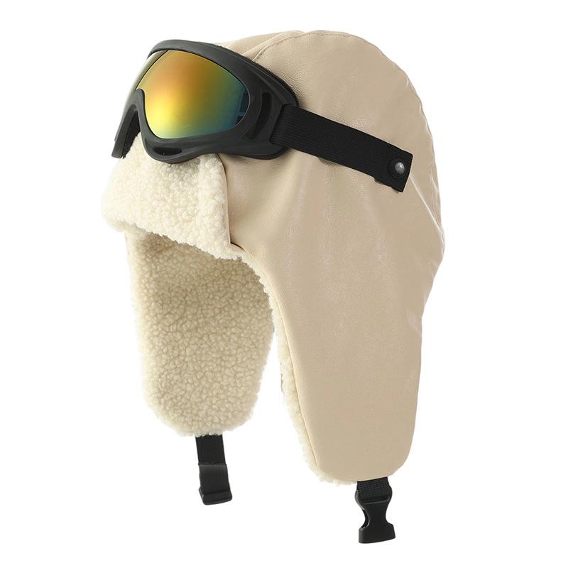 Outdoor Mountaineering and Skiing PU Leather Pilot Hat Removable Goggles Set Winter New Windproof and Warm Hat
