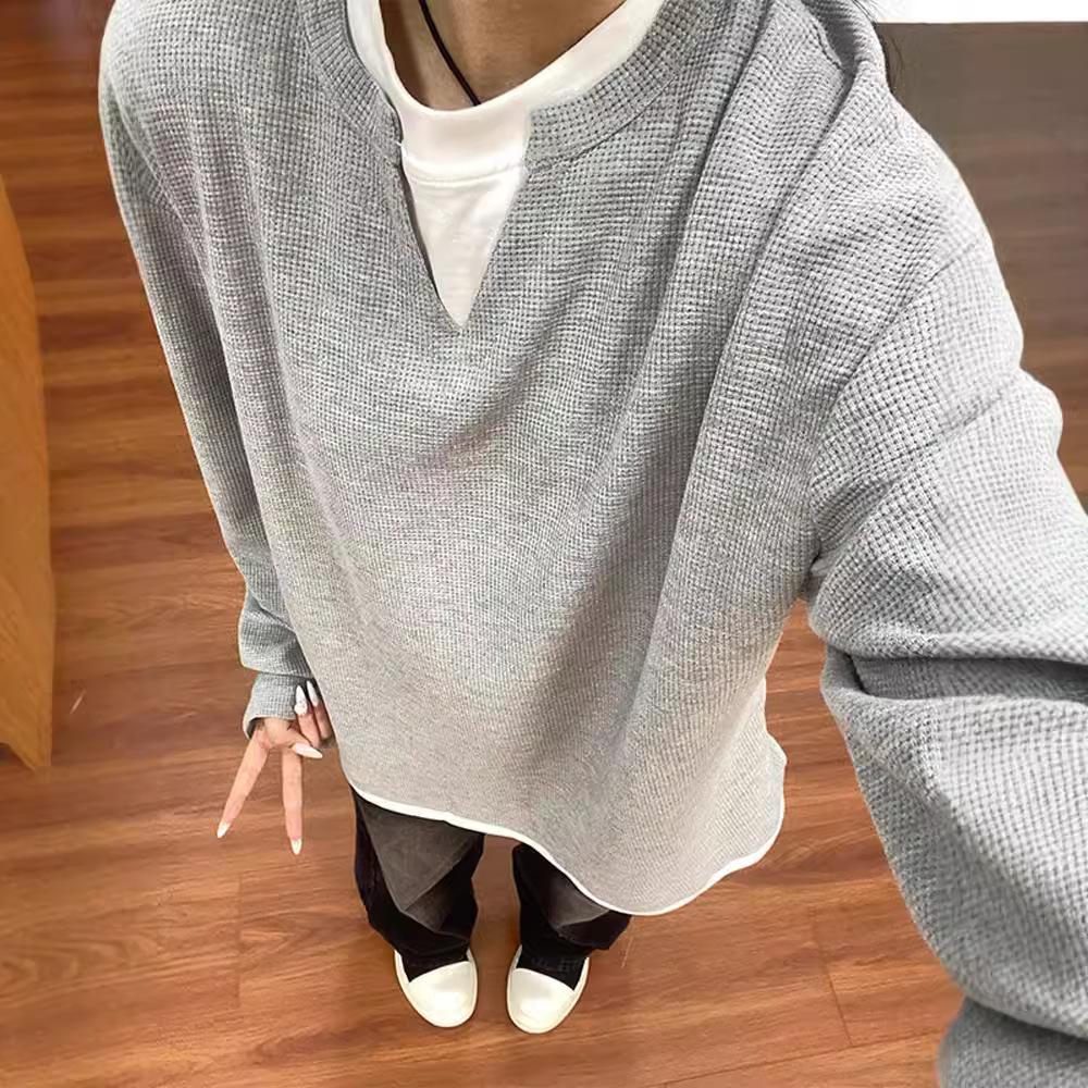 Fake Two V-neck Sweater Men's Autumn and Winter American Retro Long Sleeves