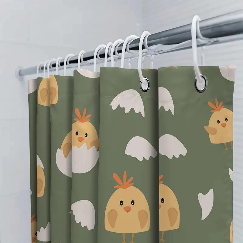 Chicken Eggshell Shower Curtain Green Yellow Chicken Print Bath Mat Decor For Kids Room Polyester Fabric Waterproof Home Linen A