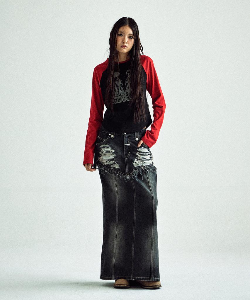 The Vinyl House Destroyed Double Denim Skirt Black